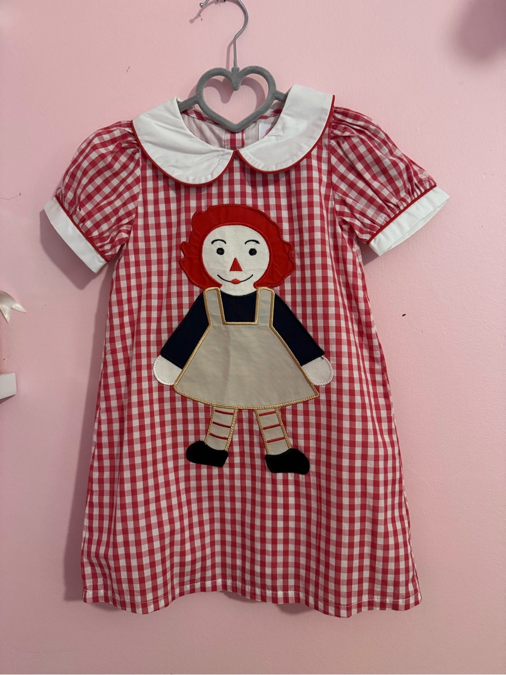 Red Gingham Doll Applique Peter Pan Collar Dress for Kids